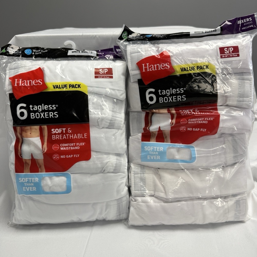 2 Hanes 6 Pk White Tagless Mens Woven Boxers‎ Soft Breathable White S 28-30 New